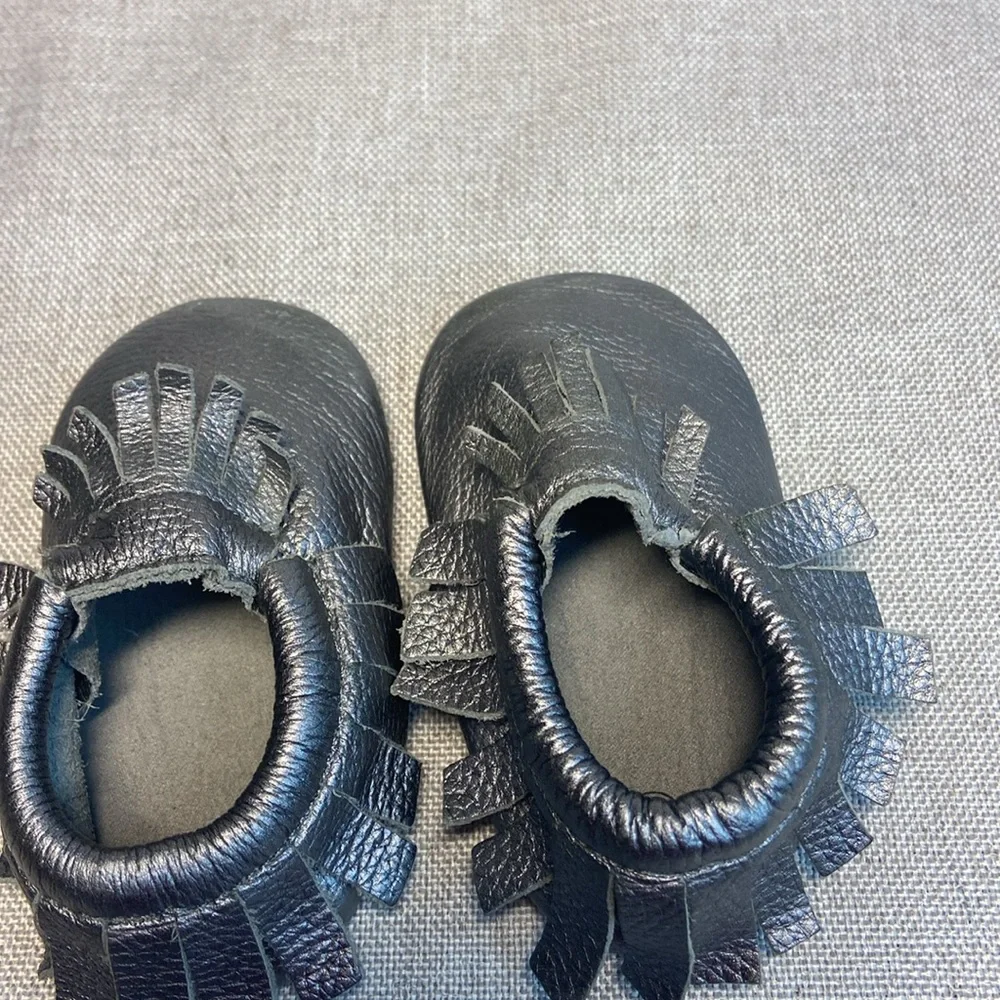 Teeny Toes Leather Silver Moccasin Size 3W Toddler